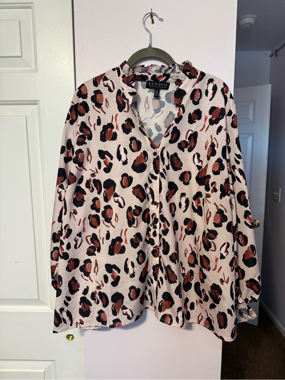 Eloquii Pink and Black Leopard Print Button-Down Shirt